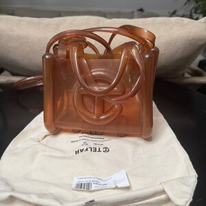 SOLD: Telfar Tan Mini Bag with Glossy Finish and Structured Design